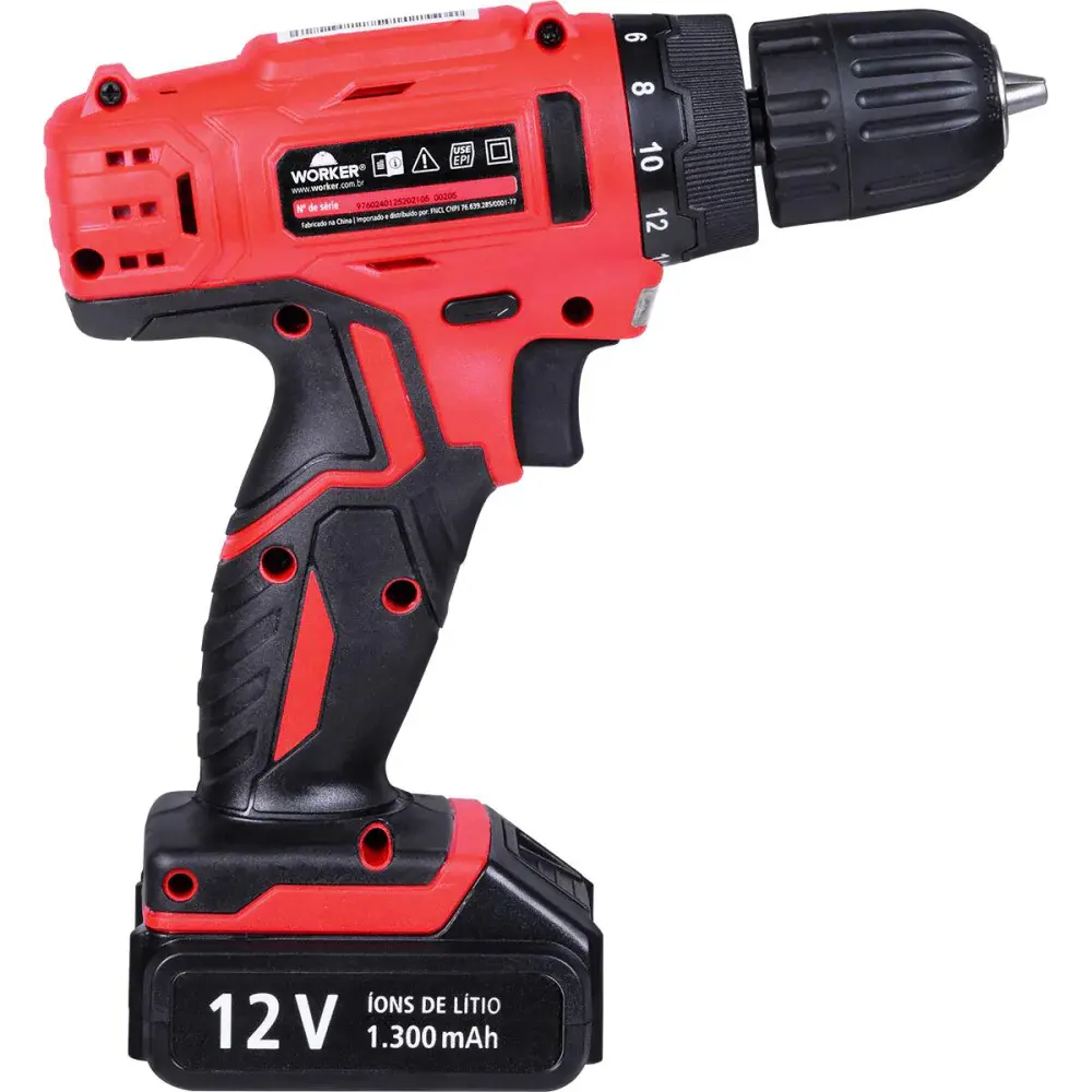 Furadeira parafusadeira a bateria com 13 peç 12V bivolt Worker — fotografia 4