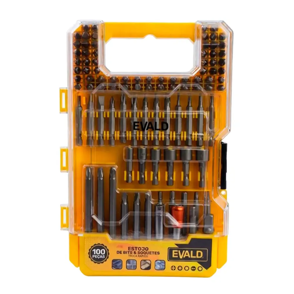 Estojo de bits e soquetes kit 100 peças com adaptadores e suporte magnético Evald — fotografia de referência