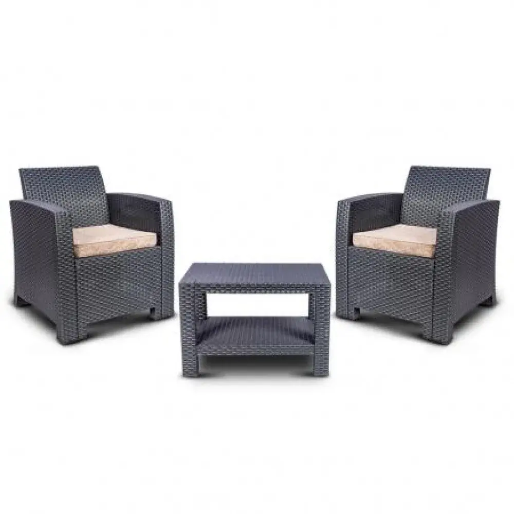 Conjunto mesa e sofá de rattan com 2 poltronas chumbo Aquaplas — fotografia 2