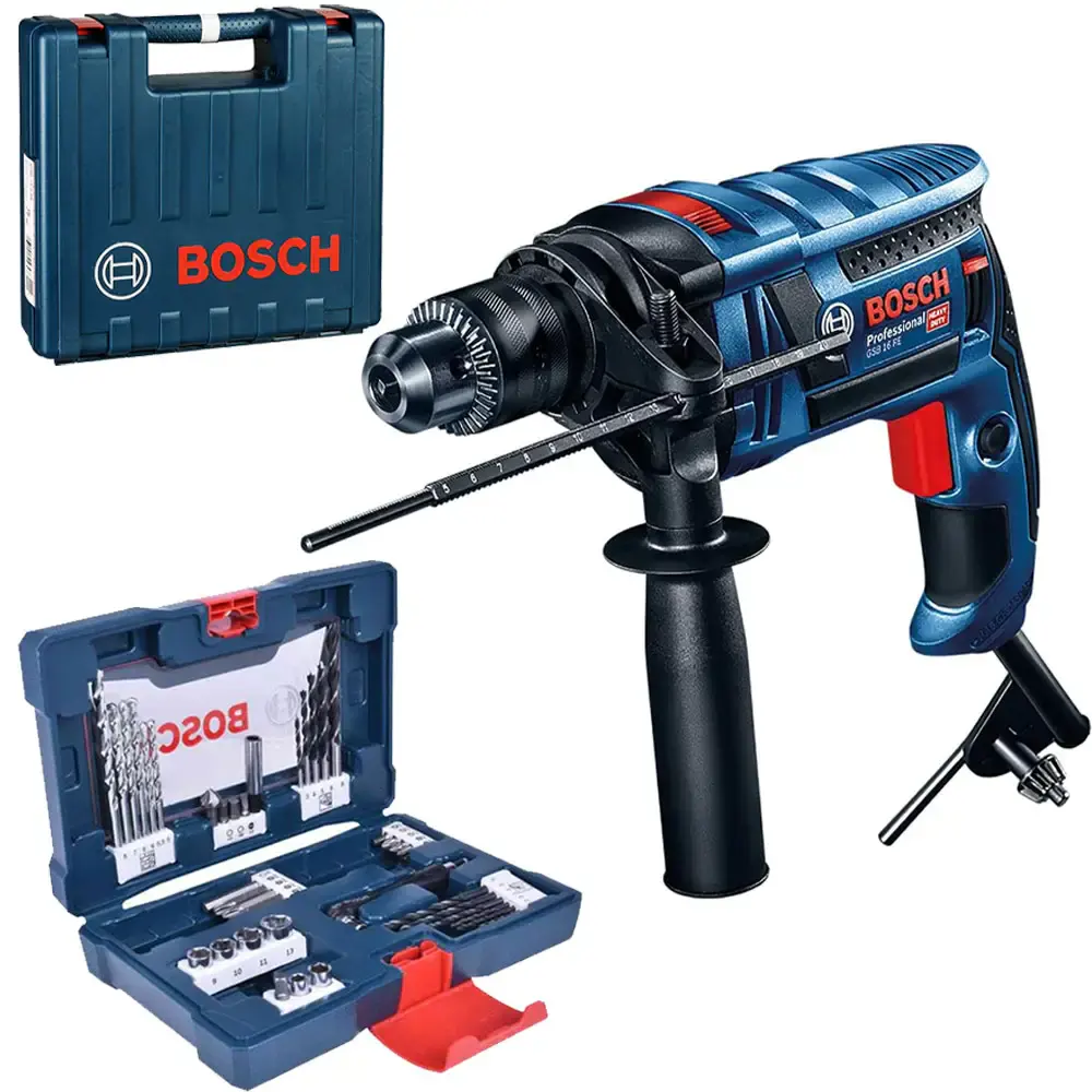 Furadeira de impacto bosch GSB 16 RE 850W com maleta e kit cor azul