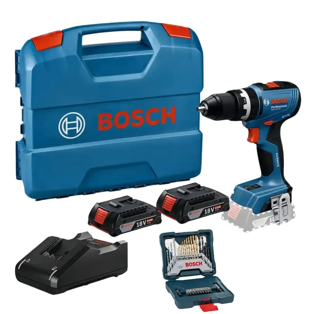 Kit parafusadeira furadeira 2 baterias e carregador com estojo de brocas e pontas x-line 30 peças Bosch — fotografia de referência