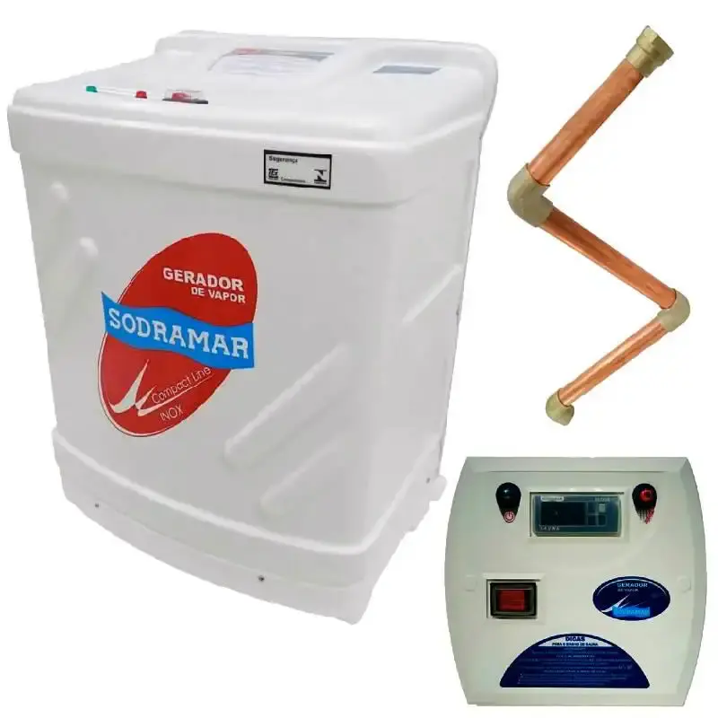Gerador de vapor inox para sauna 12KW trifásico 220V quadro digital e kit instalação Sodramar — fotografia de referência
