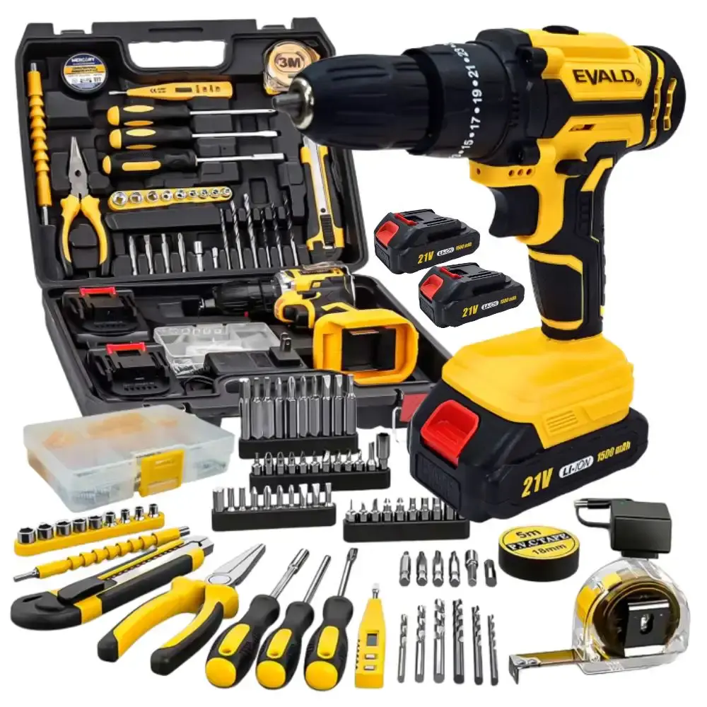 Parafusadeira furadeira bateria 21V com impacto, maleta, 2 baterias e kit 136 peças bivolt Evald