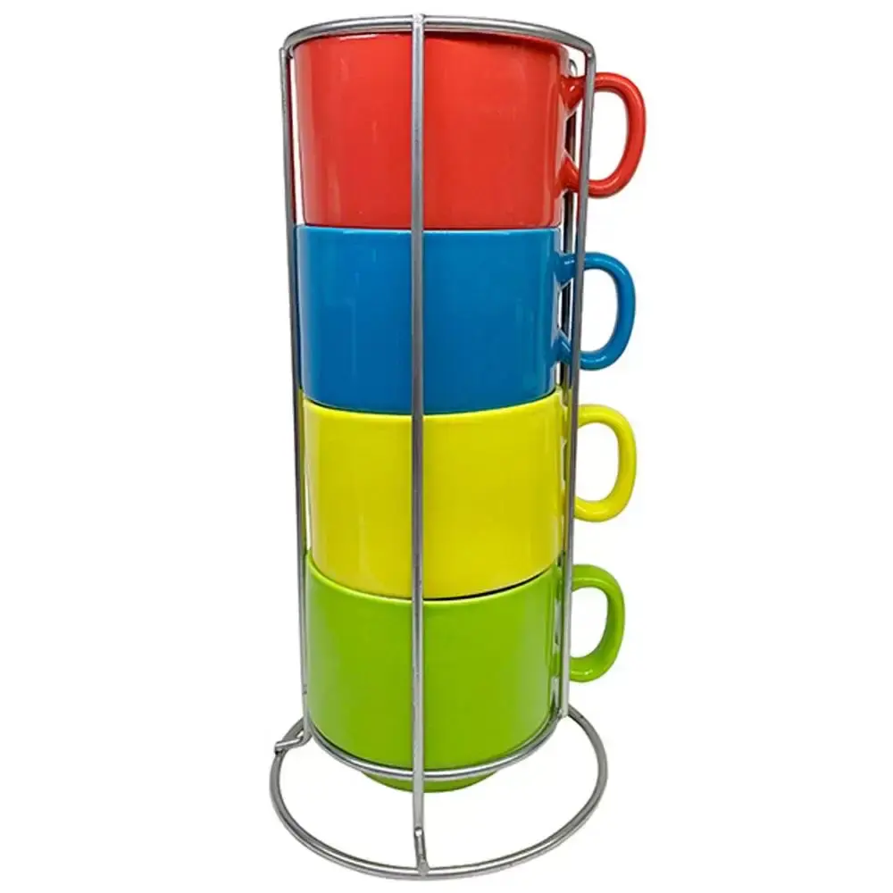 Jogo de xícaras em porcelana 4 peças 200 ML coloridas com suporte JGCH-014 hauskraft