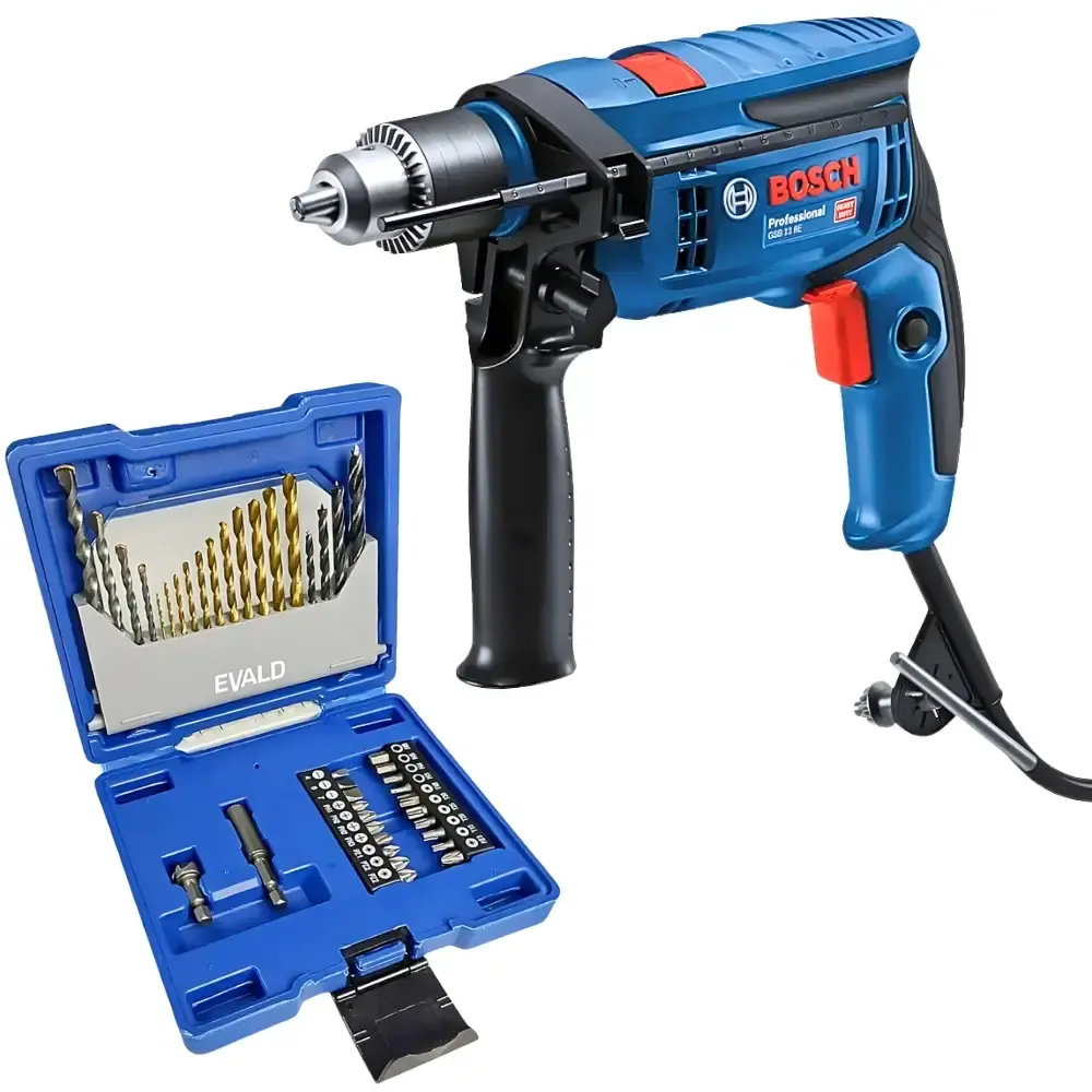 Furadeira de impacto 750W 1/2 POL GSB 13 RE com estojo 41 peças de brocas e pontas evald Bosch