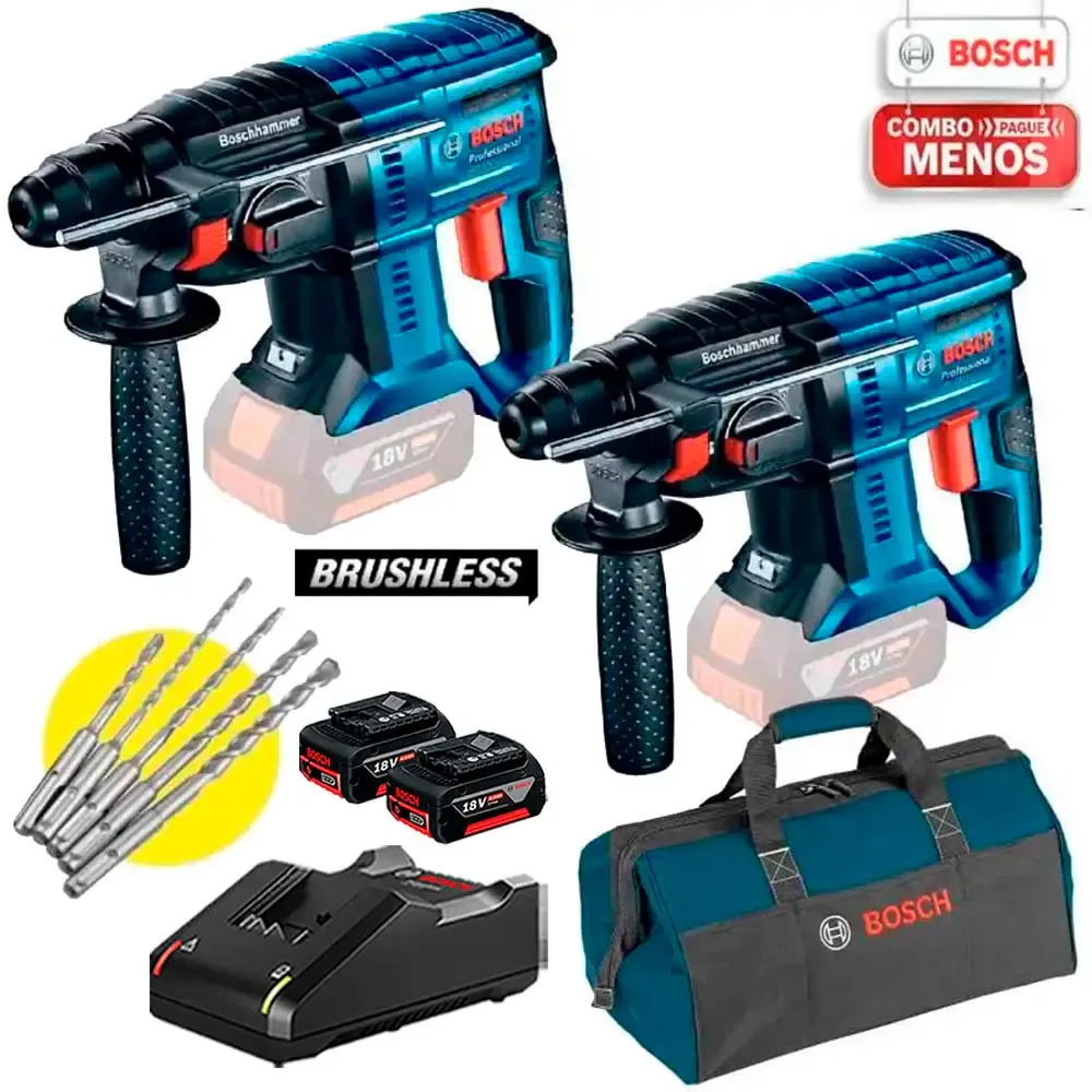 Martelete SDS Plus 18V BRUSHLESS 2,3KG GBH 180-LI Kit 2 Peças c/ Kit Brocas, 2 Baterias Bolsa BOSCH Bivolt
