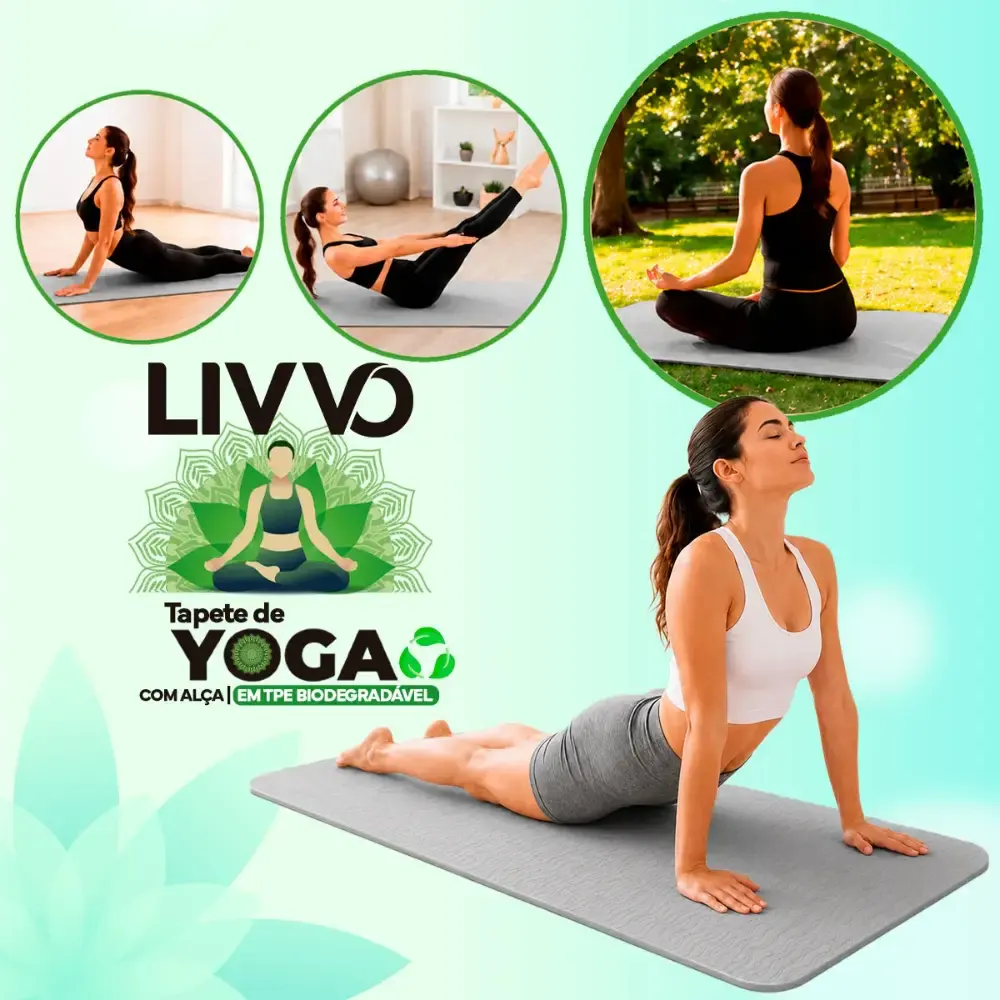 Tapete de yoga antiderrapante em TPE biodegradável 181X61CM dupla face texturizado com alça Livvo — fotografia 4