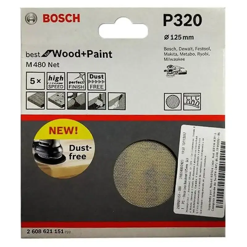 Disco de Lixa Tipo Tela 5 POL M480 Boschnet c/ Velcro Grana 320 com 5 Unidades P320 BOSCH — fotografia de referência