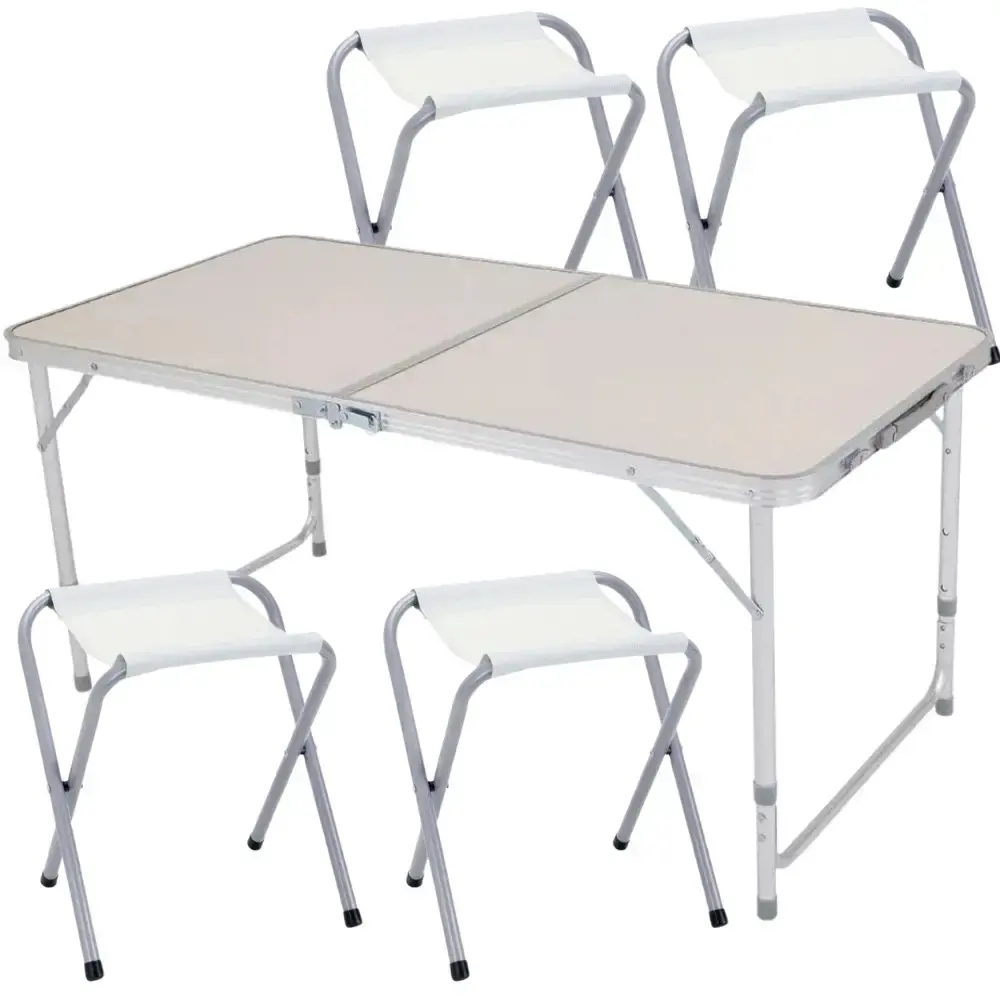 Mesa dobrável portátil alumínio e MDF tipo maleta 120X60 CM com 4 banquetas avulsas Zelt