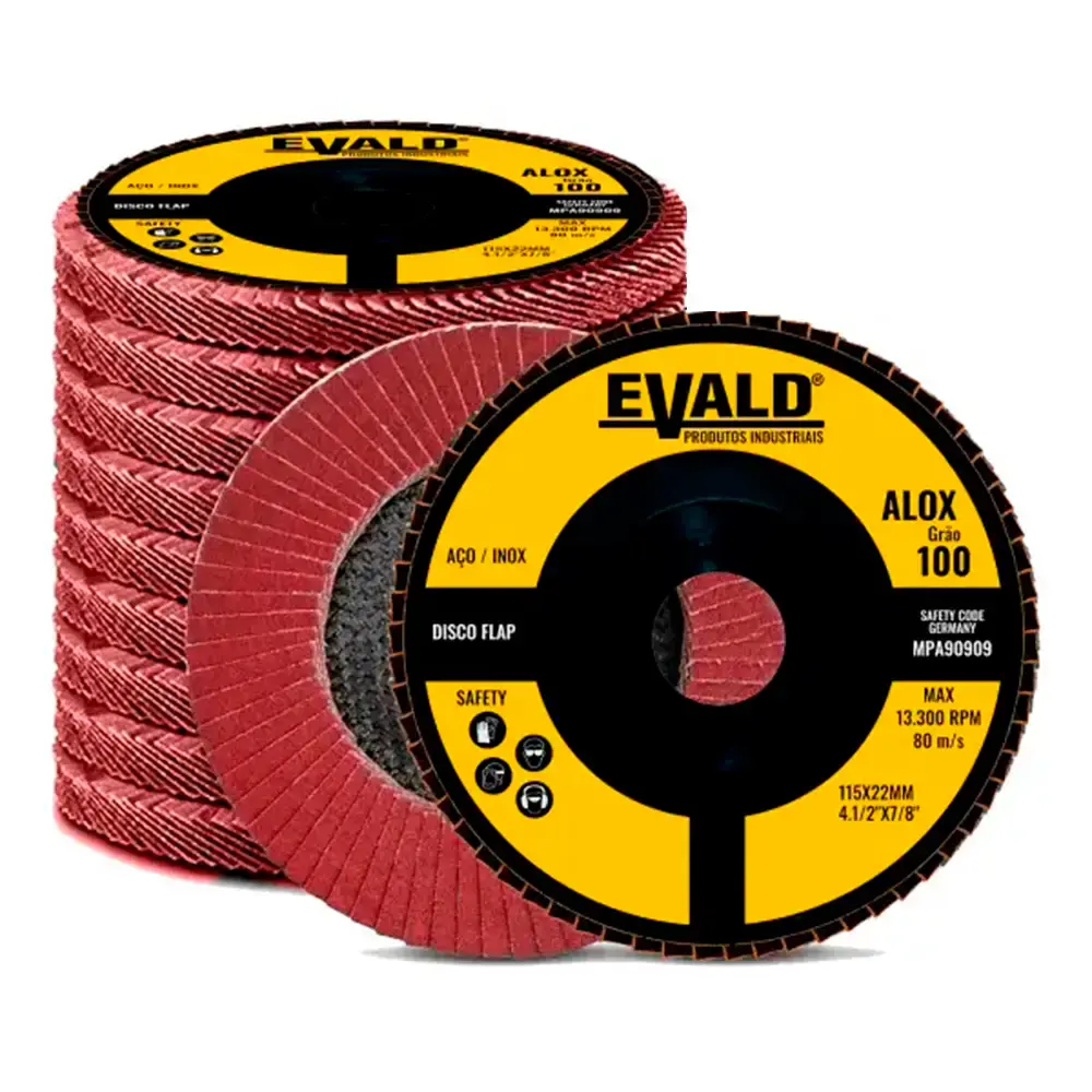 Disco de lixa flap 4.1/2 POL 115 MM aço inox grão 100 oxido de alumínio alox kit 10 peças Evald — fotografia de referência