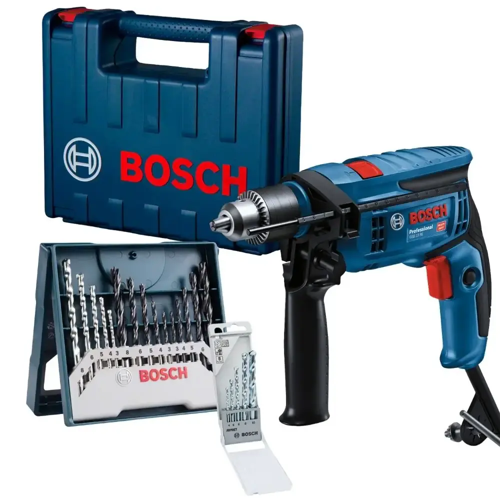 Furadeira de impacto 1/2 POL 750W com maleta kit 5 brocas e estojo 15 peças Bosch 110 V