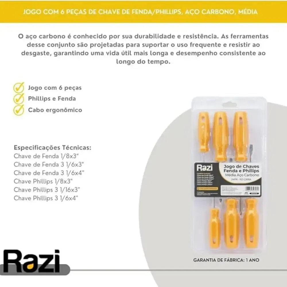 Jogo de chaves de fenda phillips média com 6 peças RZ-CJ06A Razi — fotografia 5