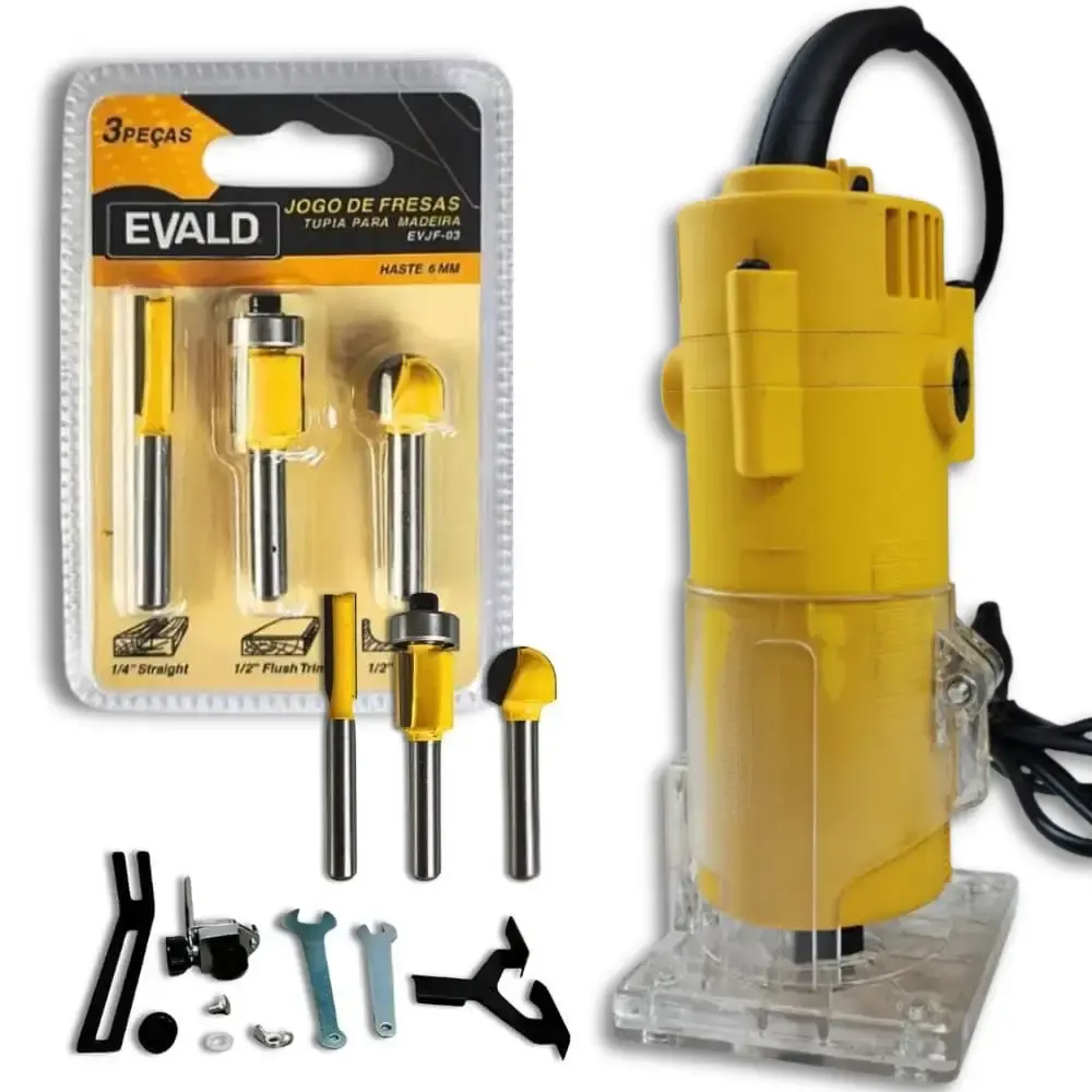 Tupia 6 MM 650W EVTUP110/220 com kit 3 fresas 6 MM EVJF-03 Evald 110 V