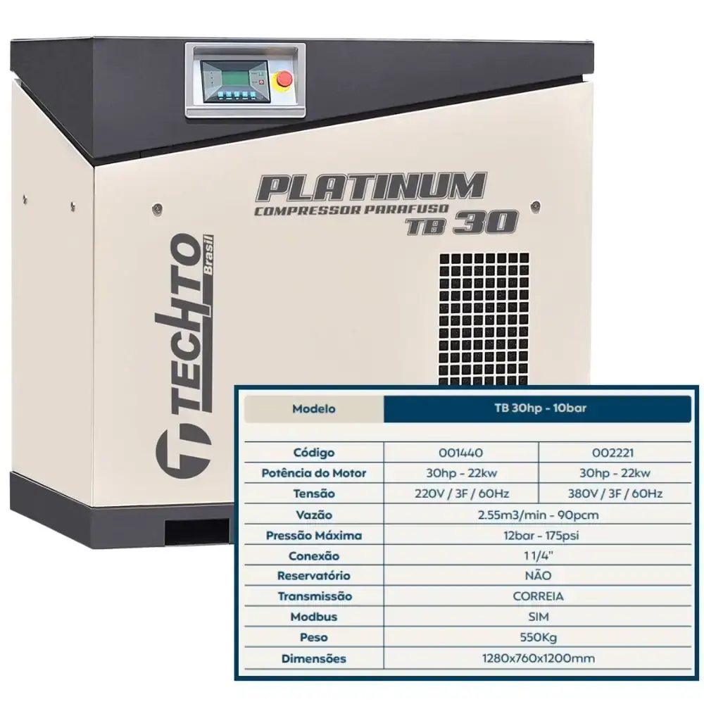 Compressor de parafuso platinum 30HP 12BAR 220V TB30 techto — fotografia 5