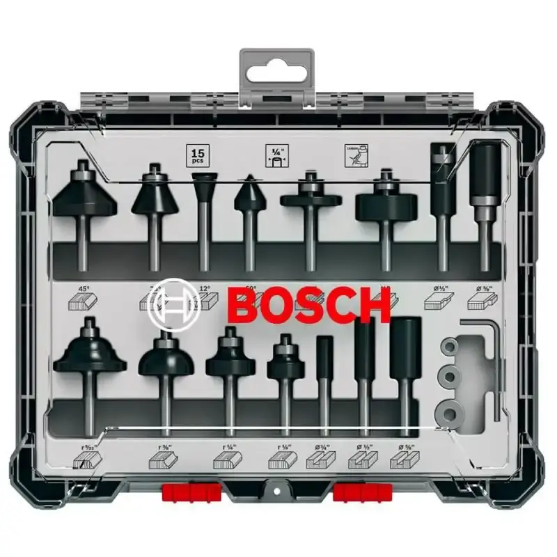 Jogo de Fresas misto Standard para Madeira Encaixe 1/4'' com 15 Peças BOSCH — fotografia de referência