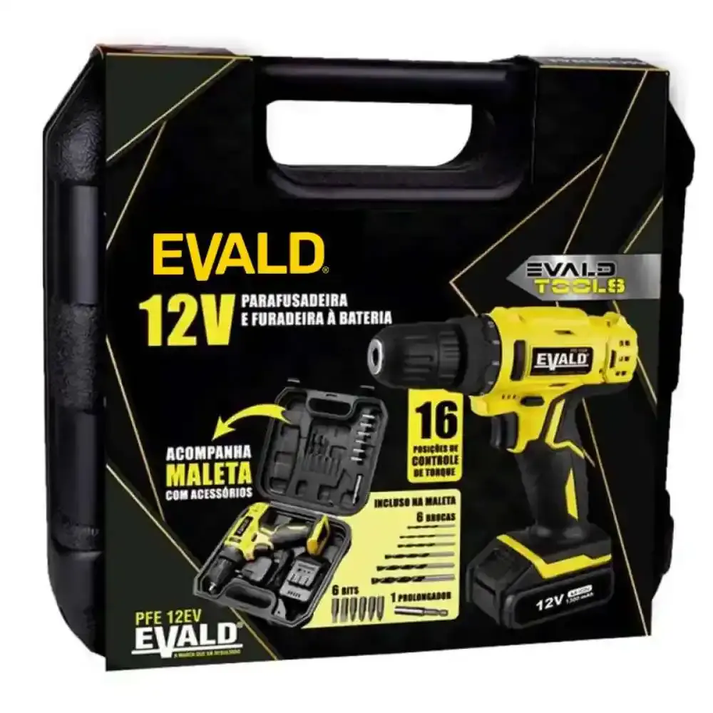 Parafusadeira e furadeira à bateria 12V bivolt PFE-12EV com maleta e kit Evald — fotografia 4