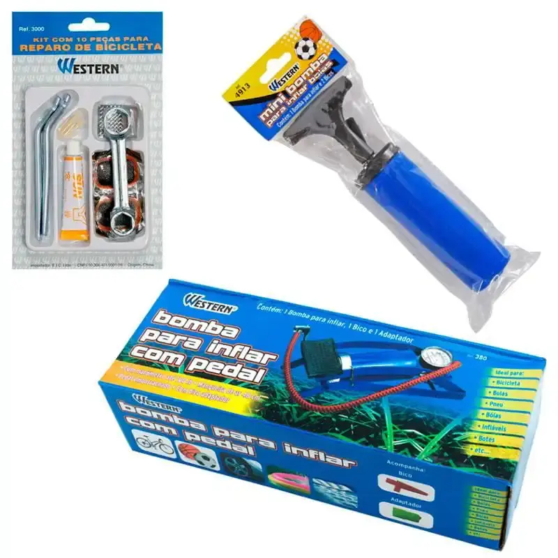 Bomba para Inflar com Pedal e Manômetro + Mini Bomba p/ Bolas + Kit Reparo Pneus WESTERN — fotografia 5