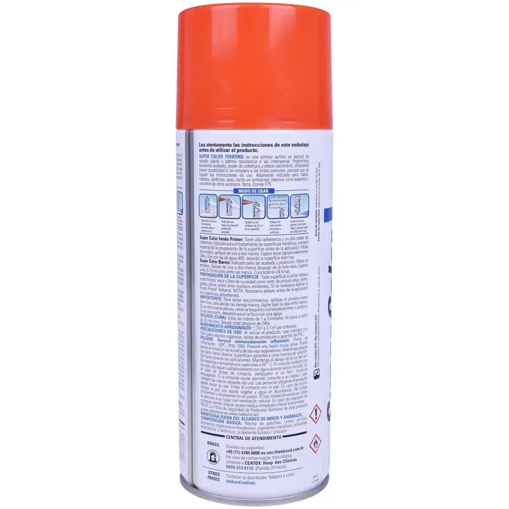 Tinta spray uso geral laranja 350ML Tekbond — fotografia 7