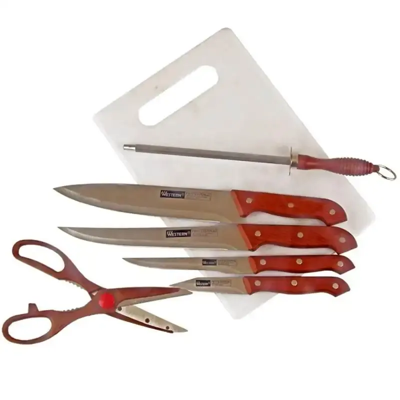 Jogo de facas inox com tesoura. chaira e tábua kit com 7 peças marrom 1397 Western — fotografia de referência