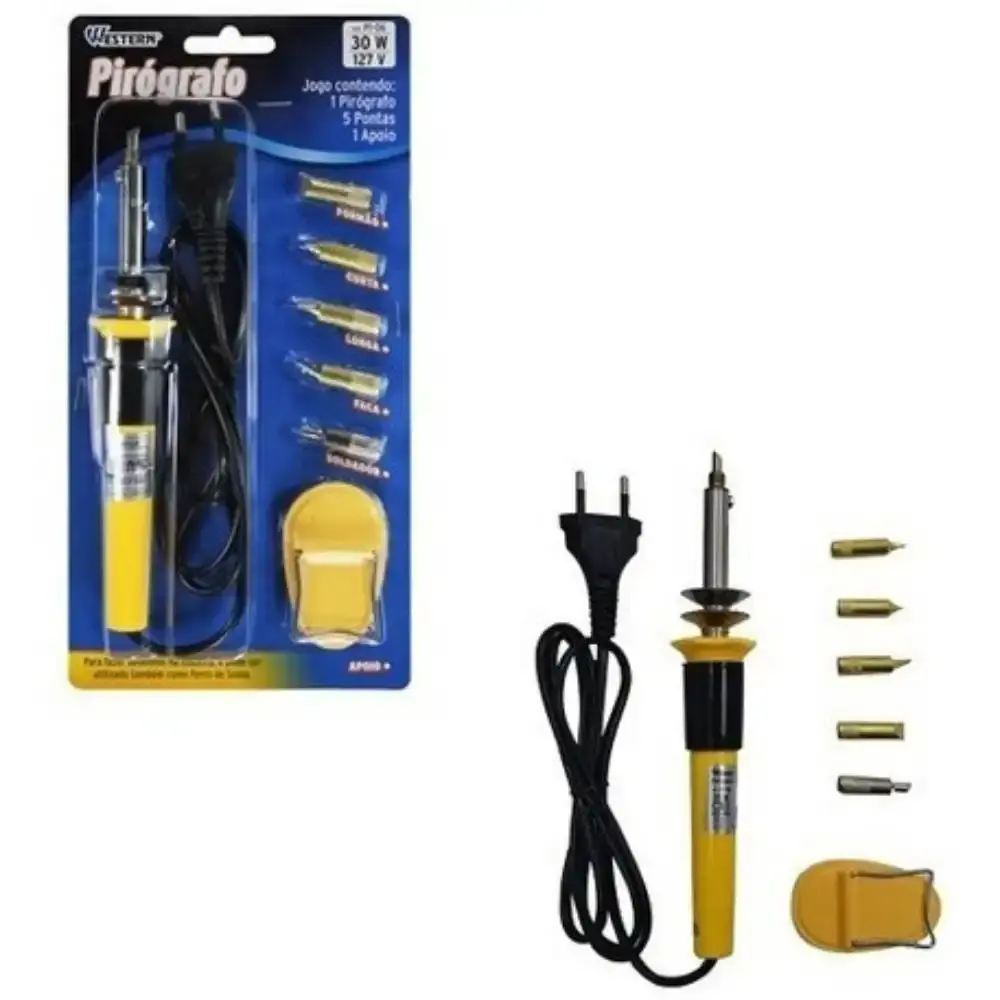 Pirógrafo e ferro de solda 30W gravação em madeira kit com 5 pontas PI-06 Western 110 V — fotografia 6