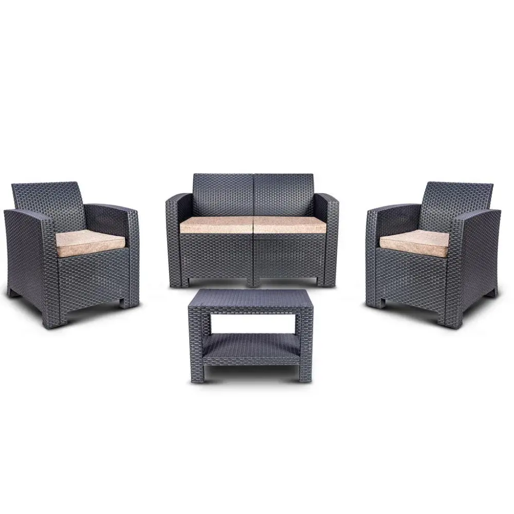 Conjunto mesa e sofá de rattan com 2 poltronas chumbo Aquaplas