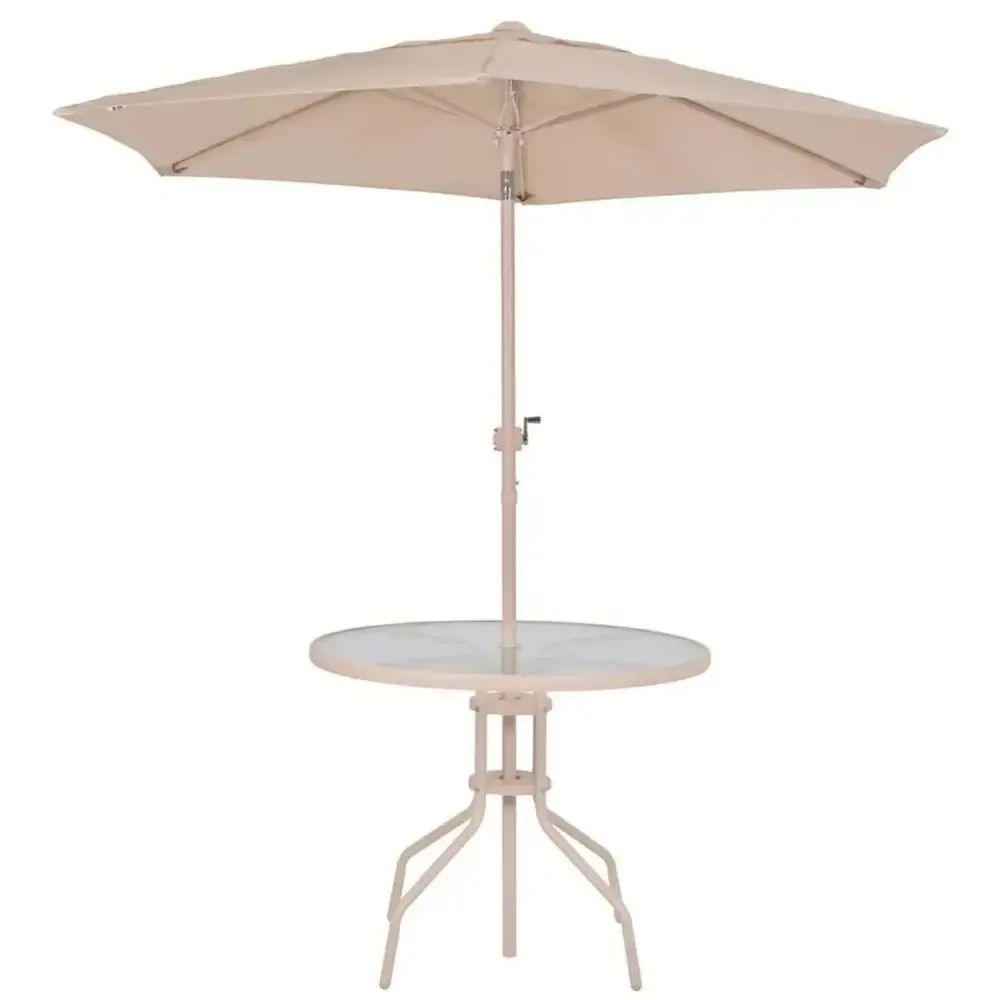 Conjunto de mesa e cadeira e guarda sol para jardim em aço bege malibu Mor — fotografia 4