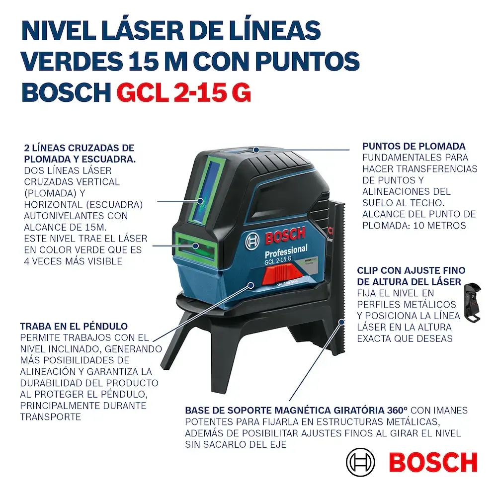 Nível a laser verde Bosch GCL 2-15 G 15m, suporte e maleta — fotografia 9