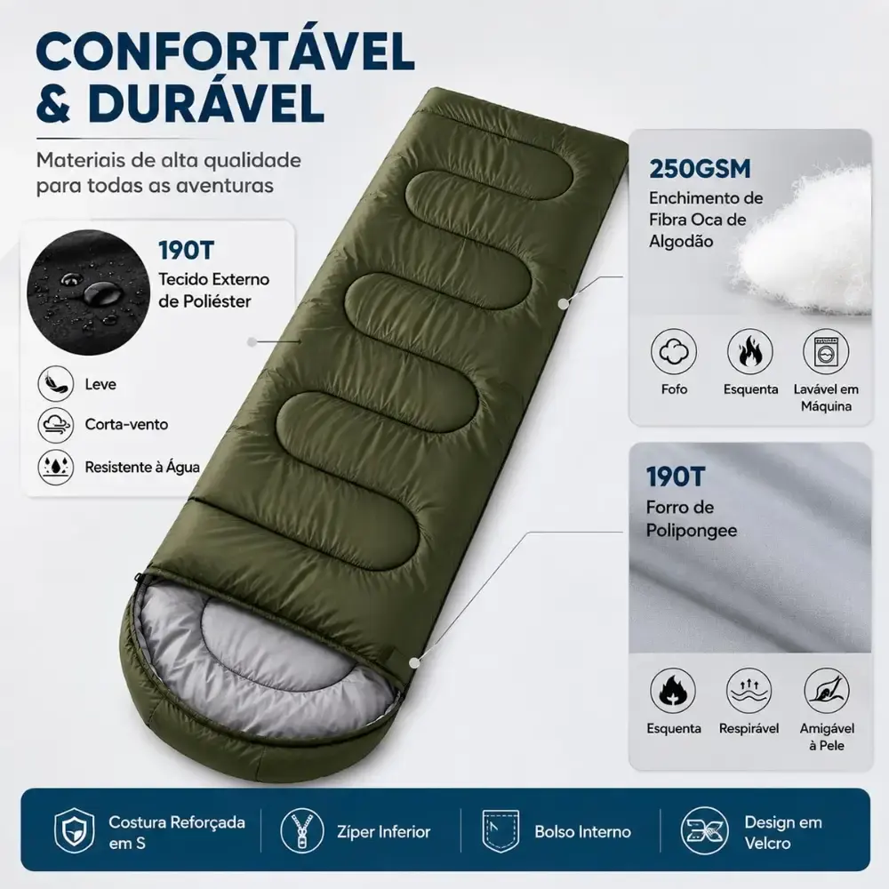 Saco de Dormir Camping Pesca Impermeável Confortável 2,10 x 72 CM c/ Capuz e Bolsa ZELT Verde — fotografia 3
