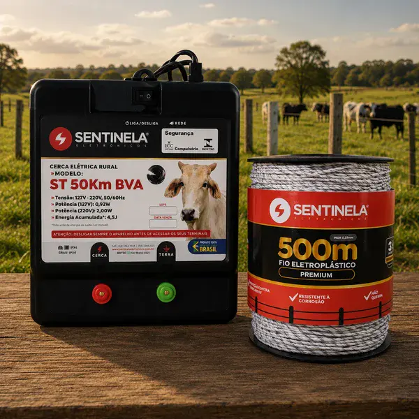 Kit eletrificador de cerca ST 50KM + 500M de fio eletroplastico premium Sentinela