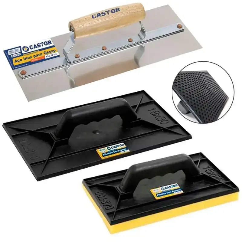 Kit desempenadeiras para pedreiro com aço inox. corrugada e espuma Castor
