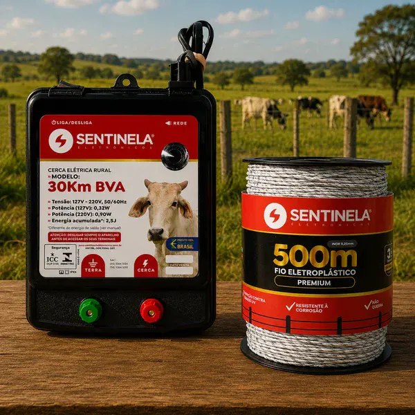 Kit eletrificador de cerca 30KM + 500M de fio eletroplastico premium Sentinela