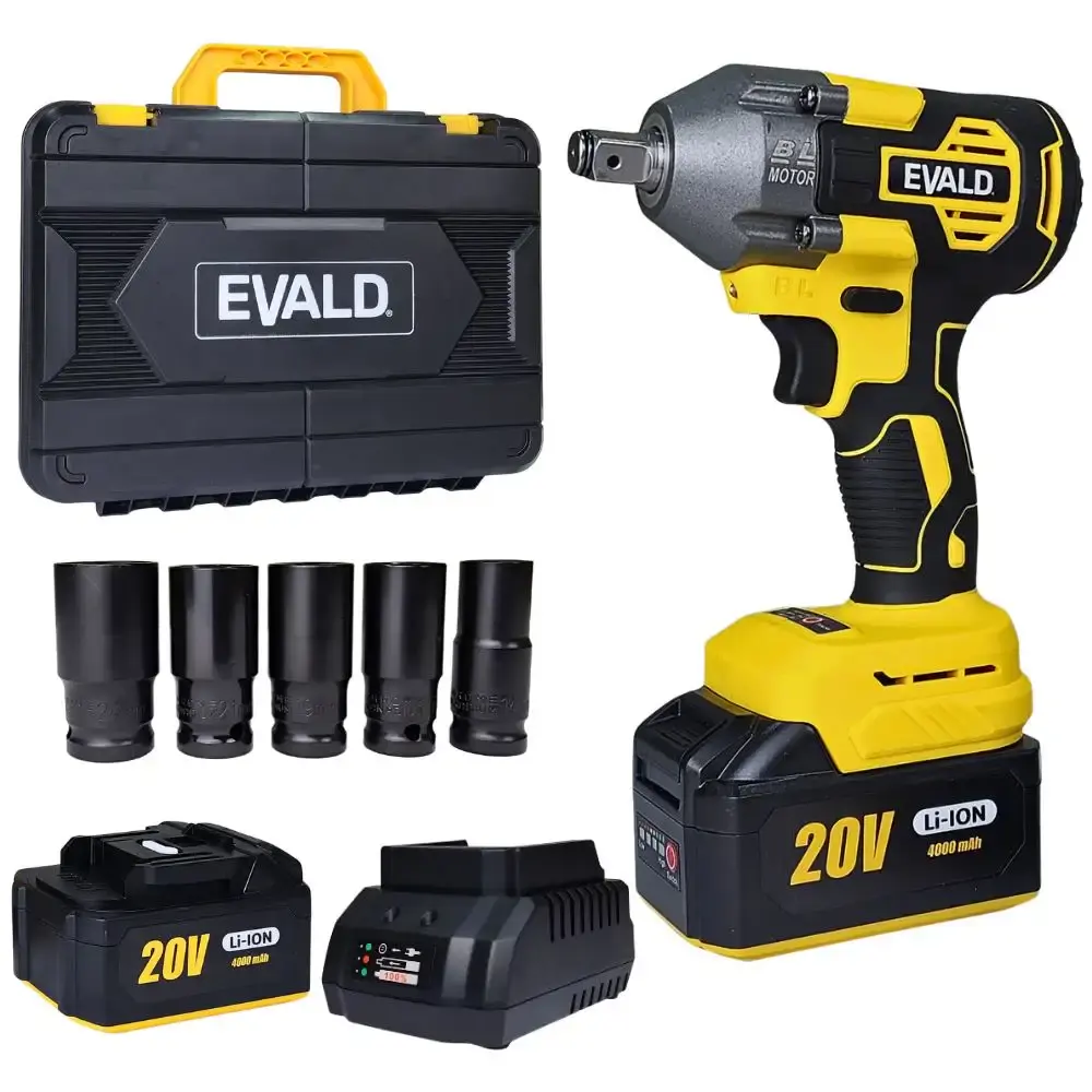 Chave de impacto 1/2 POL 20V brushless 2 baterias, maleta e kit 5 soquetes EV-7600S Evald — fotografia de referência
