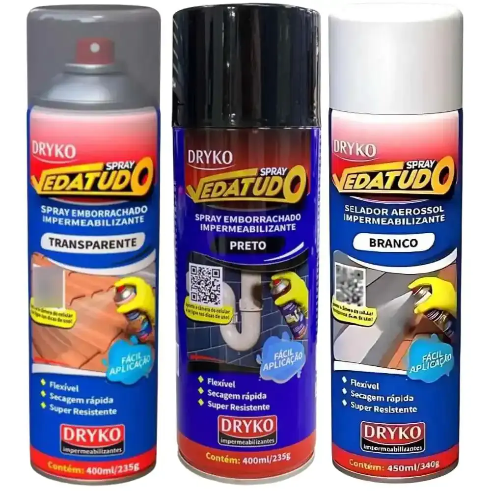 Sprays emborrachado impermeabilizante preto branco e transparente 400 ML 3 unidades Dryko