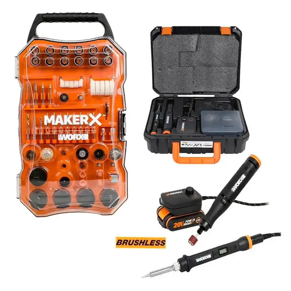 Ferro de solda e micro retífica brushless 20V + 201 peças Worx