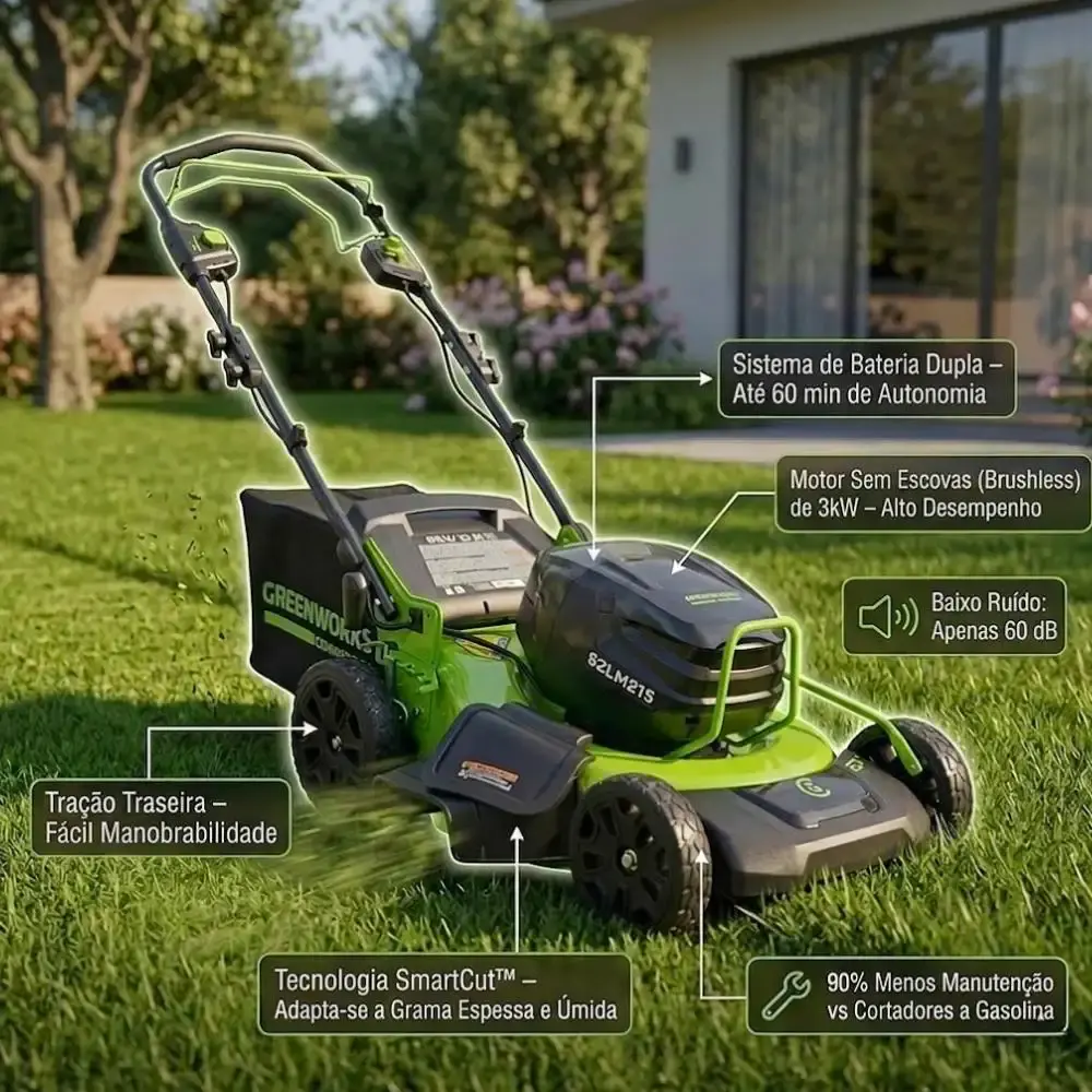 Cortador de grama 82V + soprador 760CFM + 3 baterias 4,0AH + carregador bivolt Greenworks — fotografia 5