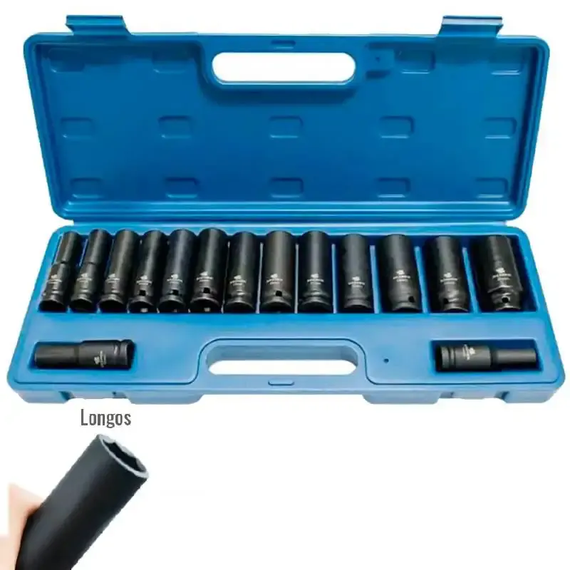 Jogo de soquete de impacto longo 1/2 POL sextavado kit 15 peças e maleta 9464 Bremen — fotografia de referência