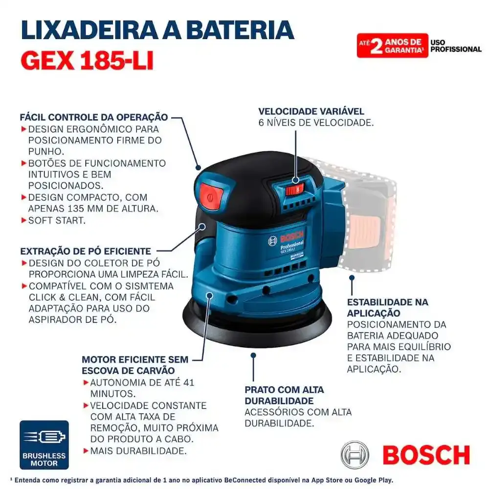 Lixadeira roto orbital 18V 5 POL GEX 185-LI com bateria 4AH Bosch — fotografia 7