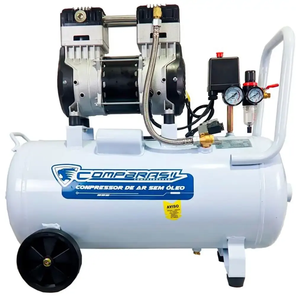 Compressor de ar portátil 10,6 pés 2 HP 50 litros silencioso isento de óleo 1500-50L Compbrasil 220 V