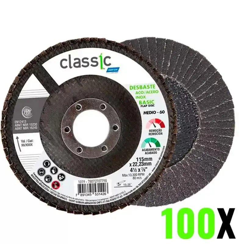 Disco de lixa flap 4.1/2 POL grão 60 kit 100 unidades classic basic Norton — fotografia de referência