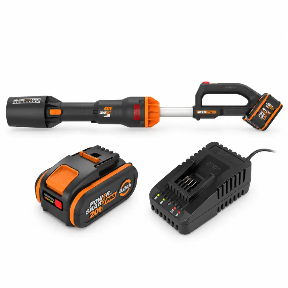 Soprador de folhas elétrico 40V com 2 baterias 20V 4,0AH e carregador WA3880 Worx