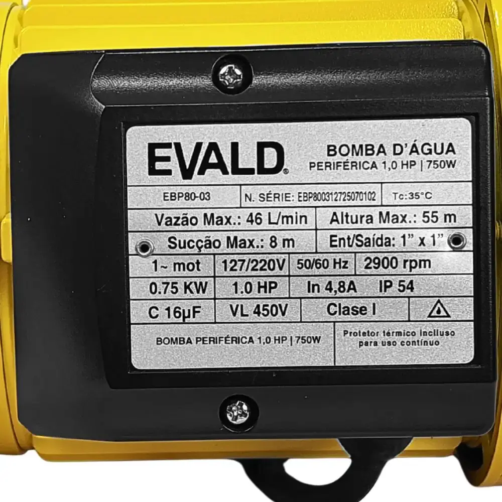 Bomba d'água periférica 1 CV 750W monofásico EPB80-03 Evald Bivolt — fotografia 5