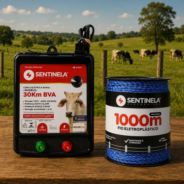 Kit eletrificador de cerca 30KM + 1000M de fio eletroplastico azul Sentinela