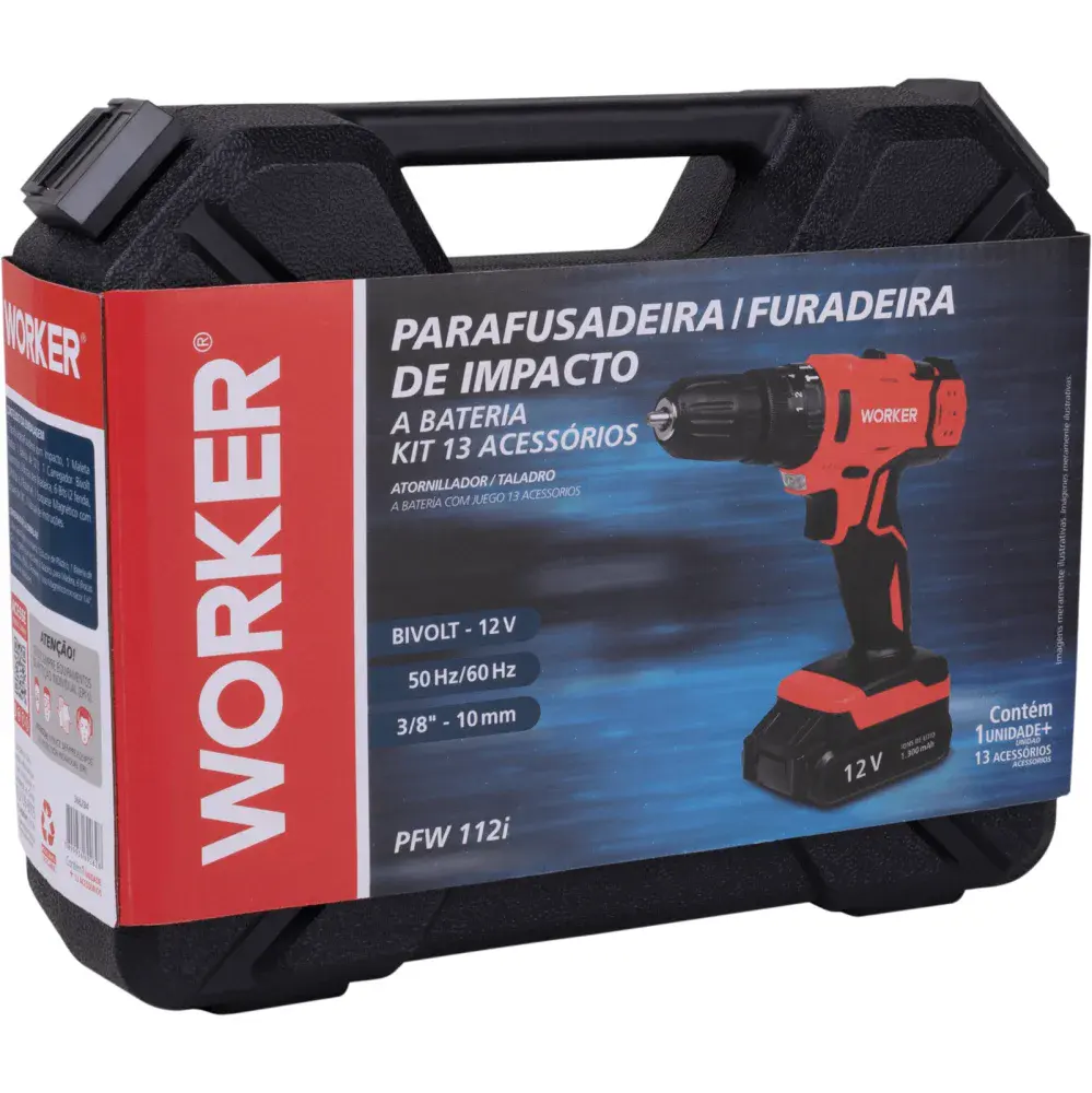 Parafusadeira 12V impacto 1 bateria 13 peç Worker — fotografia 12