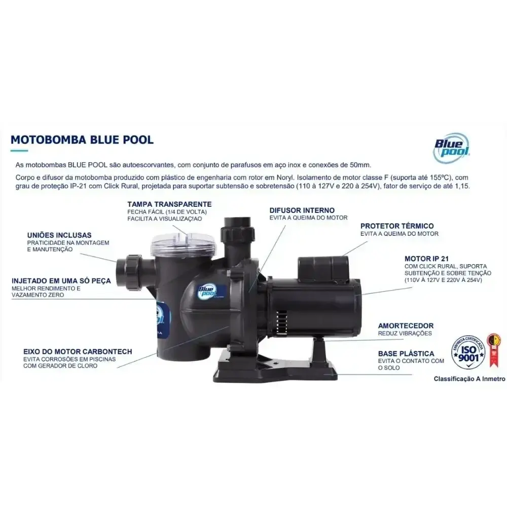 Bomba para piscina 1/3 CV 20.000 litros com balde de cloro 7,5 KG Bluepool — fotografia 5