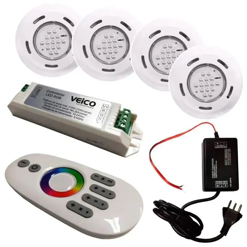 Kit iluminação para piscinas com 4 refletores. controlador RGB touchscreen LED e fonte Fluidra