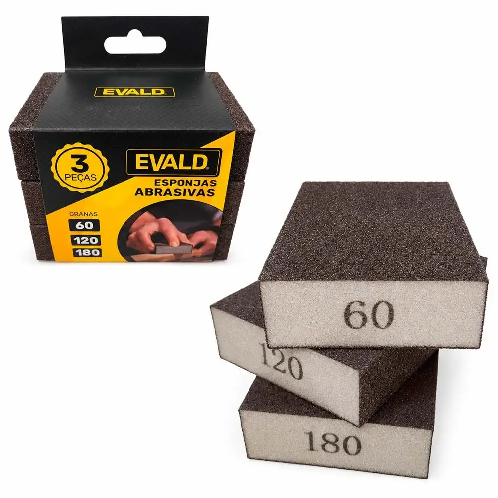 Kit esponja abrasiva rígida com 3 unidades 95X65X23 MM grãos 60 120 e 180 Evald — fotografia 3
