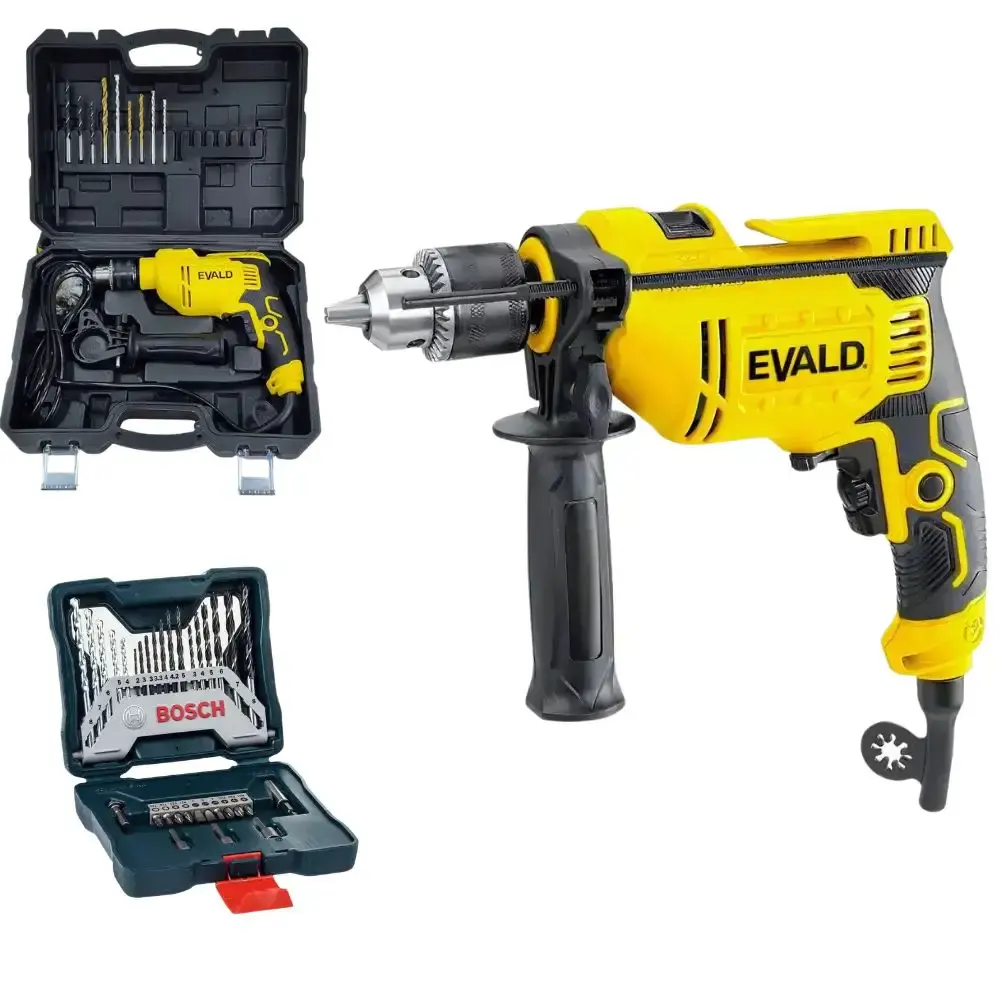 Furadeira de impacto 850W Evald e estojo de brocas e pontas 30 peças x-line bosch 220 V — fotografia de referência