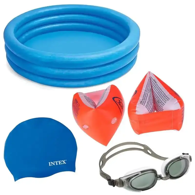 Kit natação piscina inflável 330L + boia braço + touca silicone + óculos espelhado com pre