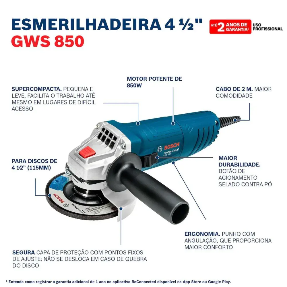 Esmerilhadeira angular GWS850 4.1/2" 127V com 3 discos Bosch — fotografia 2