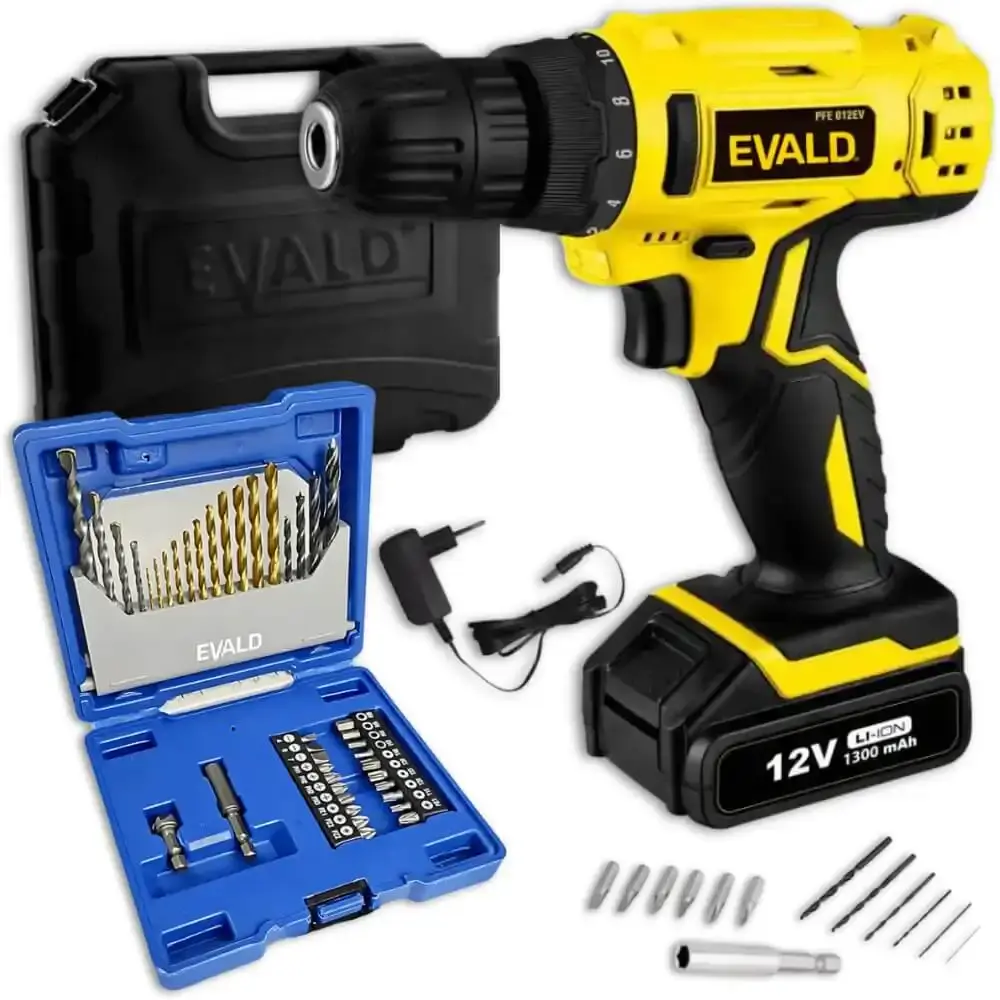 Parafusadeira a bateria 12V bivolt PFE-12EV com maleta e kit brocas 41 pçs EV-EBB41 Evald — fotografia de referência